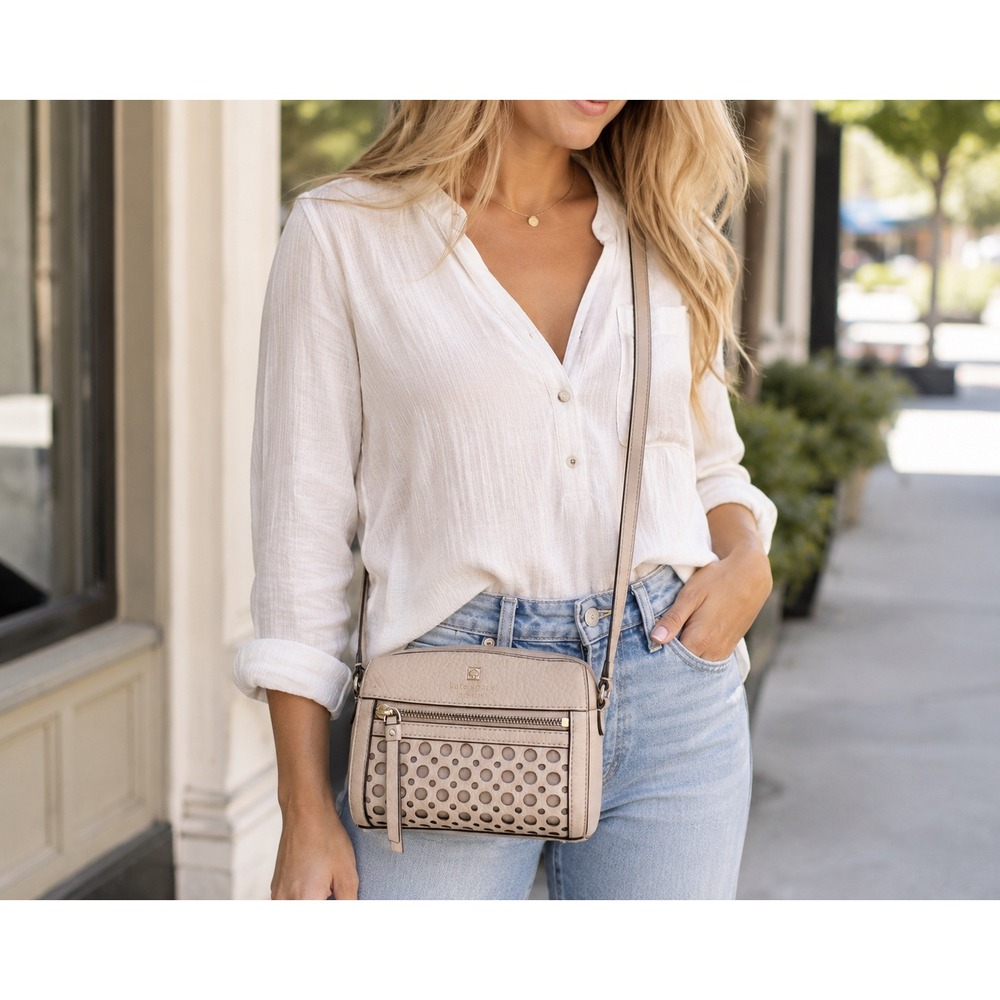 Kate Spade New York Perforated Leather Crossbody Bag Blush Beige Front Zip